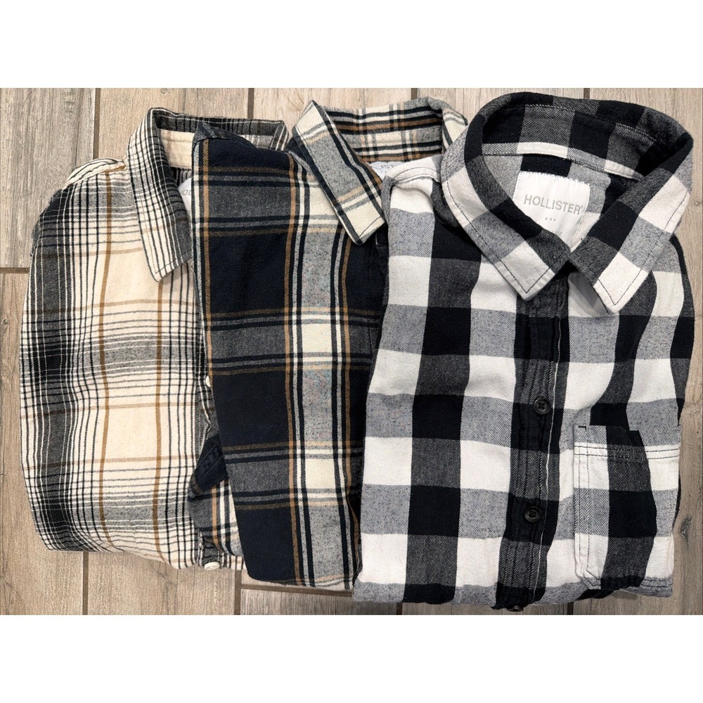 Hollister Men's Plaid Flannel Button Down Shirt XL Lot Of 3 Black Brown White
